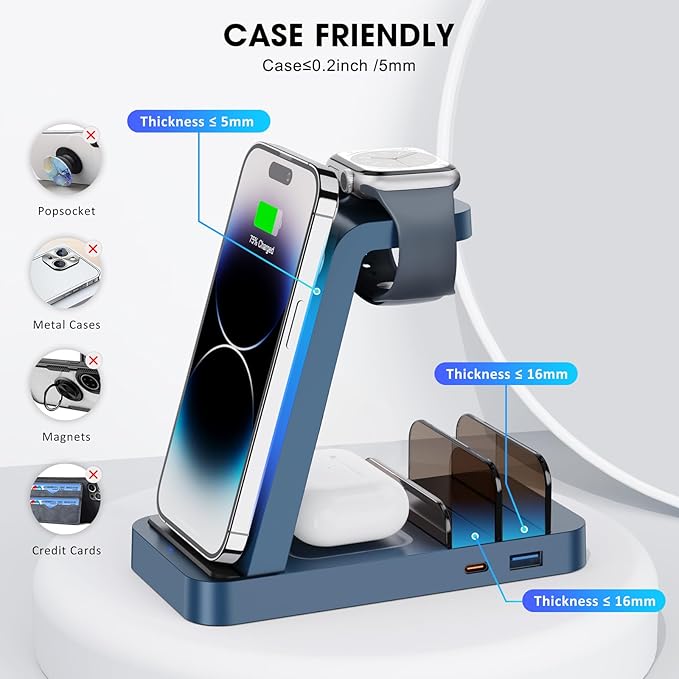 Wireless Charger for iPhone - 5 in 1 Charging Station for Multiple Devices Apple: Fast Wireless Charging Stand Dock for iPhone 17 16e 16 15 14 13 12 Pro Max Apple Watch Airpods(Blue)