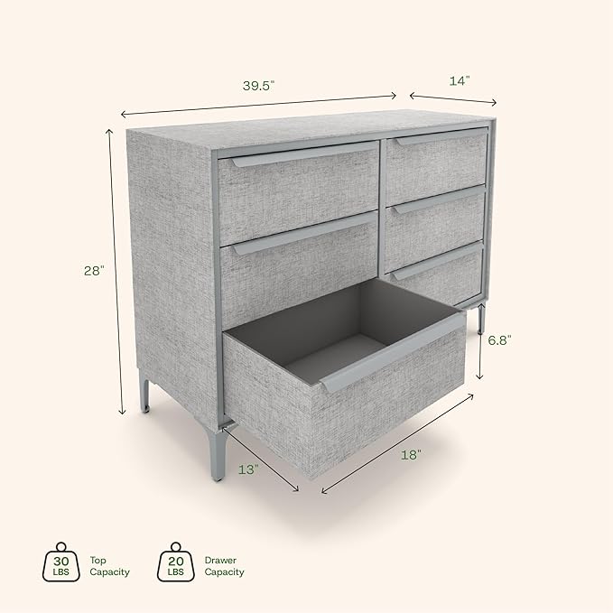 Naima Premium Fabric Dresser - Strong Metal Frame, 6 Spacious Sag-Proof Drawers with Sleek Metal Handles - Premium & Durable Storage Solution for Your Home (Silver)
