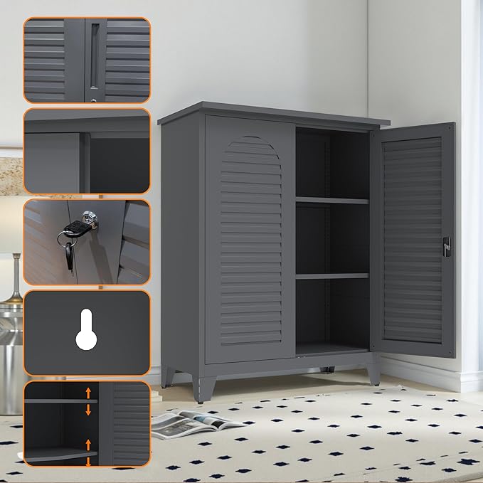 Wide Metal Tool Storage Cabinet with Adjustable Shelves, 47.2” Steel Organizer for Garage Basement Laundry Room Garden or Office, Heavy Duty Utility Storage Cabinet with Pegboard