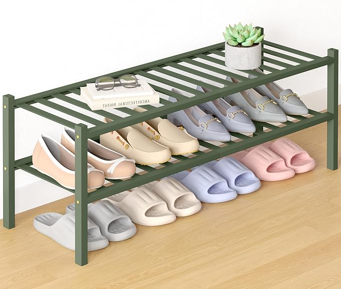 Smiry Bamboo Shoe Rack for Closet, 2 Tier Long Wooden Stackable Shoe Organizer, Free Standing Shoes Storage Shelf for Entryway, Front Door Entrance, Green