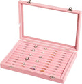 Frebeauty Rings/Earrings Organizer Tray with Clear Lid 10 Slots Velvet Drawer Insert Jewelry Storage box Transparent Glass lid Jewelry Display Case Showcase Gift for Girls Women (Pink, 10 Slots)