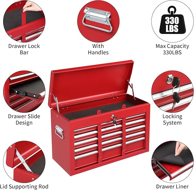 Metal Tool Box Organizer | Lockable Tool Chest | Toolbox with 5 Sliding Drawers | Large Tool Storage Box Organizer | Portable Toolchest with Keys for Garage Workshop and Tool Room | Red