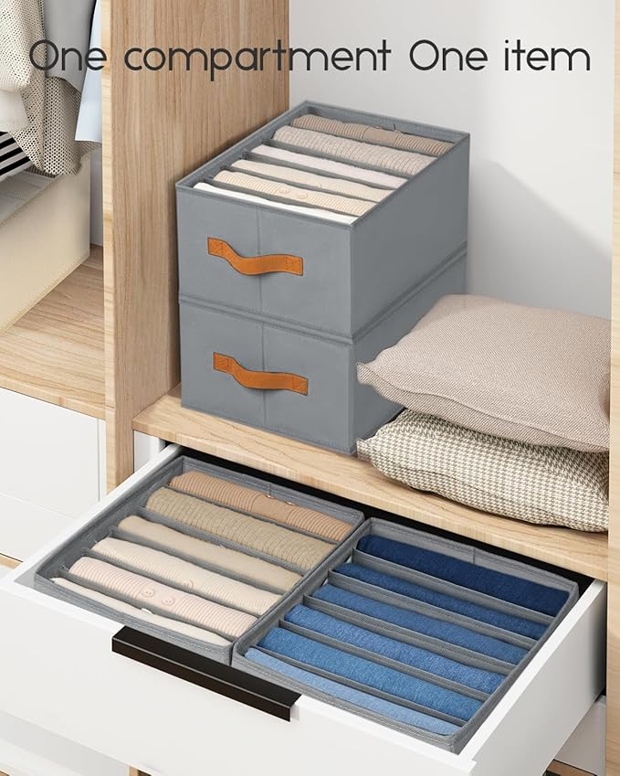 Closet Organizers and Storage - Fabric Clothes Organizer with Handles, Foldable Jeans Organizer for Clothes, Drawer Organizer for Shirts, Bra, Sweater, Scarf, 4 Pack, Grey