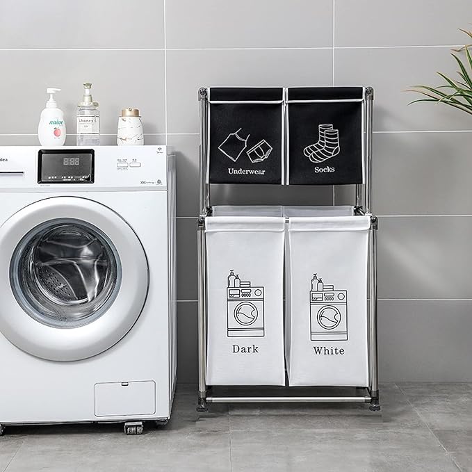 2 Tier Laundry Sorter with 4 Removable Bags for Organizing Clothes - Large Freestanding Laundry Hamper - Laundry Basket for Dirty Clothes in Laundry Room