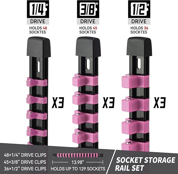 Socket Organizer Drive ABS Tools - Pink Socket Holder, Premium Quality 9 Pieces Socket Holders Kit 1/4-Inch x 48 Clips, 3/8-Inch x 45 Clips, 1/2-Inch x 36 Clips