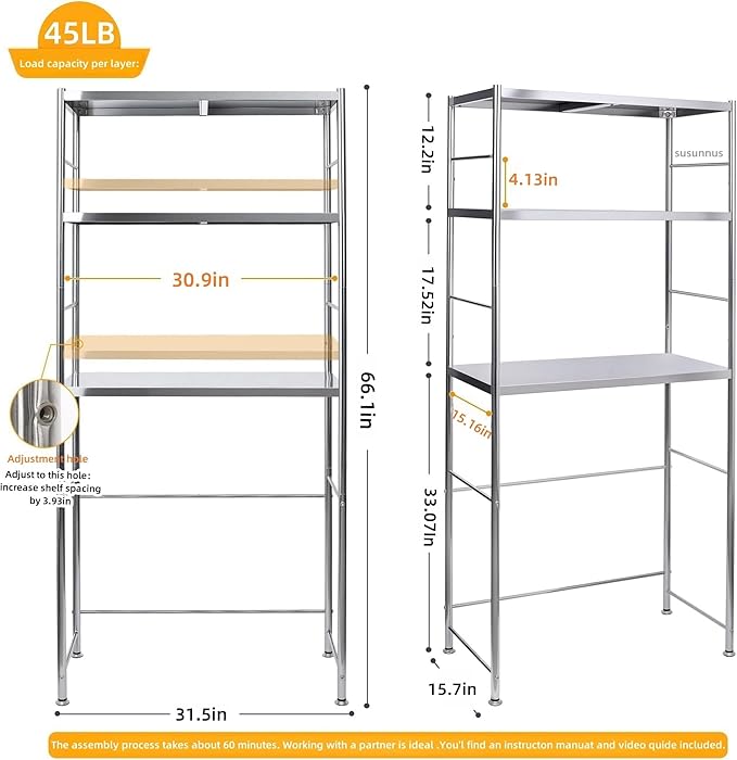 susunnus Stainless Steel Shelf,Kitchen Storage Shelves,Microwave and Mini Fridge Shelf,Laundry Machine Rack,Adjustable Height,Open Lower Tier,Laundry Room, Repository (3tier(31.5 * 15.7 * 66.1in))