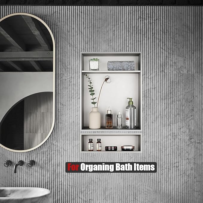 JQK Shower Niche No Tile Need, 18"×14" Brushed Nickel Bathroom Insert Shelf 2 Layer, 304 Stainless Steel Recessed Shower Caddy Organizer Storage, SNL1814D-BN