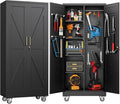 Black Broom Closet Storage Cabinet with Doors and 4 Shelves,Metal Cleaning Tool Cabinet with Pegboard,Hanging Rod for Brooms and Mops,Kitchen Pantry Storage Cabinet,Assembly Required