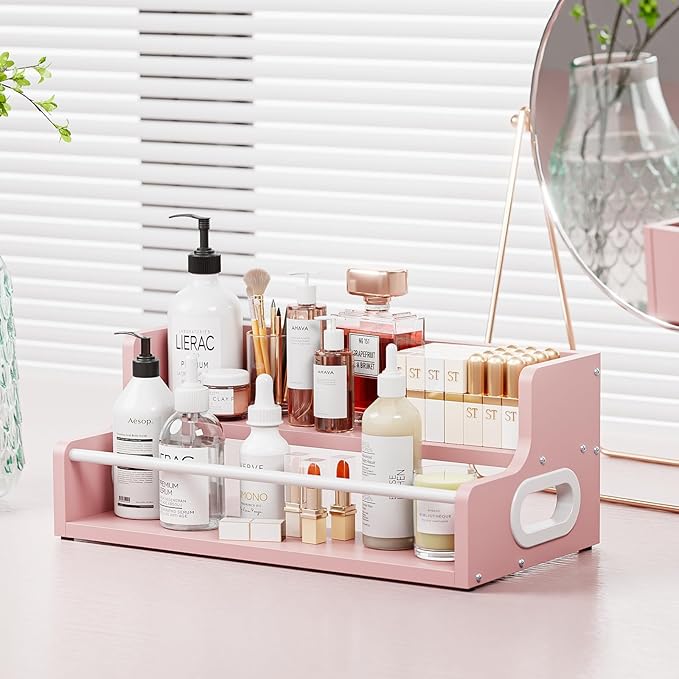 KLM 2-Tier Liquor Bottle Display Shelf, Bar Counter Organizer with Metal Rod, Mini Bar Storage Rack (Pink)