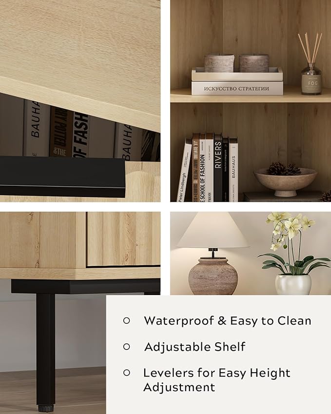 Modern Corner Cabinet, Fluted Wood Floor Storage Cabinet with Adjustable Shelf, Freestanding Narrow Organizer for Living Room Kitchen, Light Oak