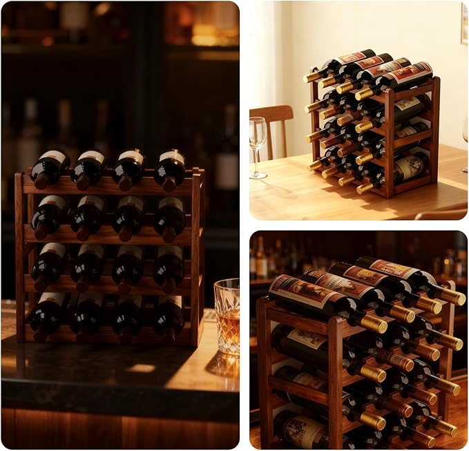 Wine Rack Freestanding Floor, Bamboo Wine Racks Cabinet Shelf 4-Tier 16 Bottles Freestanding Wine Bottle Holder, Retro Minimalist Home Decor Wine Display Rack for Cabinet Countertop