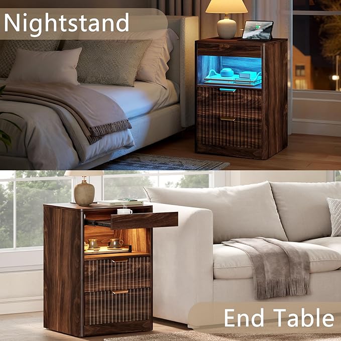 REAHOME Fluted Nightstand Set of 2 with Charging Station, Modern LED Night Stand with 2 Drawers and Pull Out Tray, Wood Bedside Table, End Side Table with Open Shelf for Bedroom,Walnut