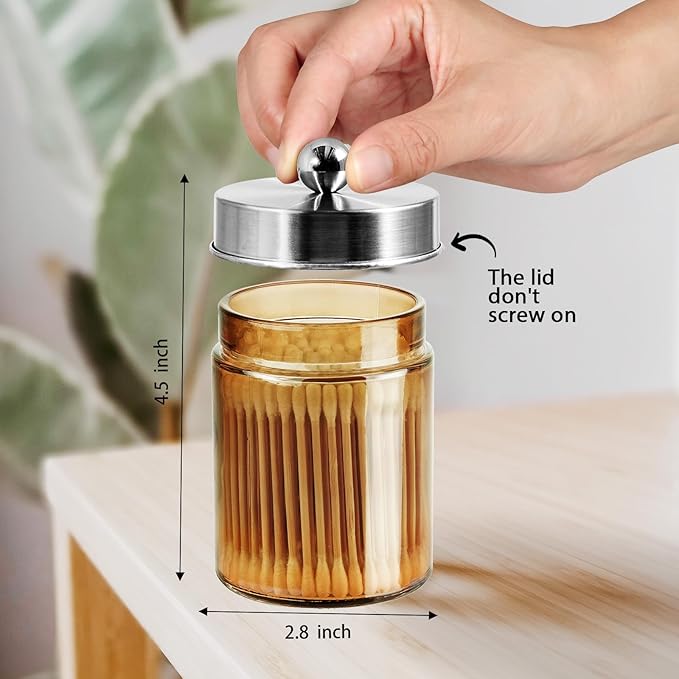Amolliar Amber Yellow Glass Apothecary Jar with Metal Lid & Cute Labels, Qtip Holder Dispenser Canister for Cotton Balls, Cotton Swabs, Makeup Pads, Countertop Bathroom Storage,1 Pack(Brushed Nickel)