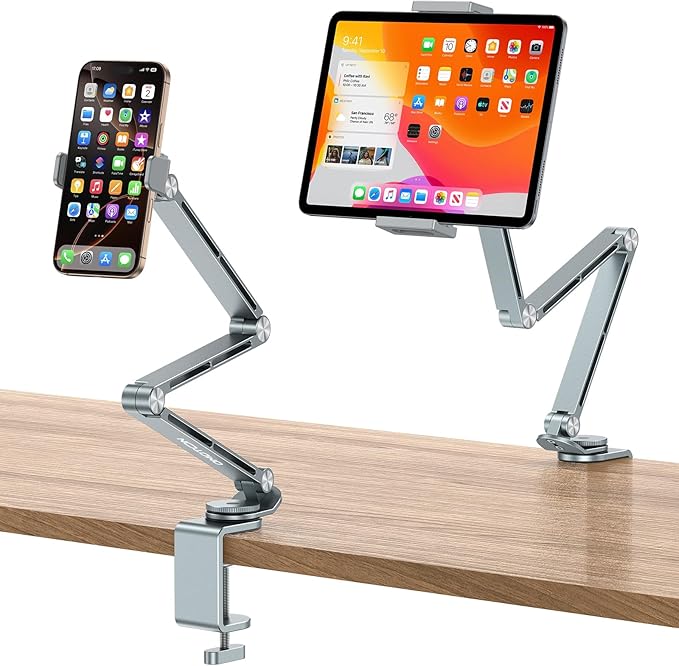 OMOTON Adjustable Tablet Stand for iPad, Desk Phone Holder for Bed with 2 Clamps, Flexible Aluminum Alloy Mount with 360° Rotation for 4-13" Devices