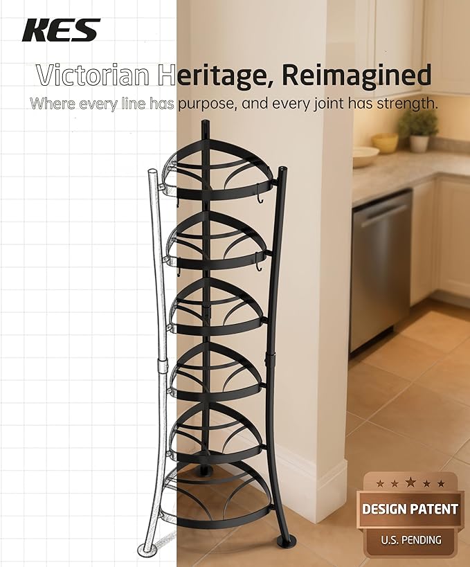 KES 264 Lbs Capacity Freestanding Pot Rack, 6-Tier Cast Iron Cookware Stand with 6 Hooks, Pots and Pans Storage Tower for Kitchen, Stable Base, Anti-tip Strap & Floor Protectors Black, KUR531S6-BK