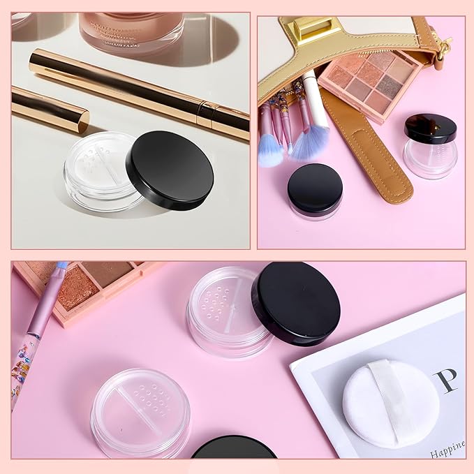 2pcs 10ml/0.34oz Plastic Empty Travel Small Loose Powder Compact Refillable Loose Powder Containers Reusable No Leak Compact with Rotatable Sifter and Black Screw Lid