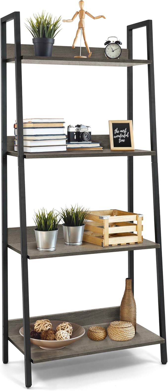 CAPHAUS 4 Tier Ladder Bookshelf, 24 Inch Width Free Standing Shelf, Bookcase Shelf Storage Rack Organizer, Industrial Book Shelves for Home Office, Living Room, Kitchen, Dark Grey Wooden Shelves