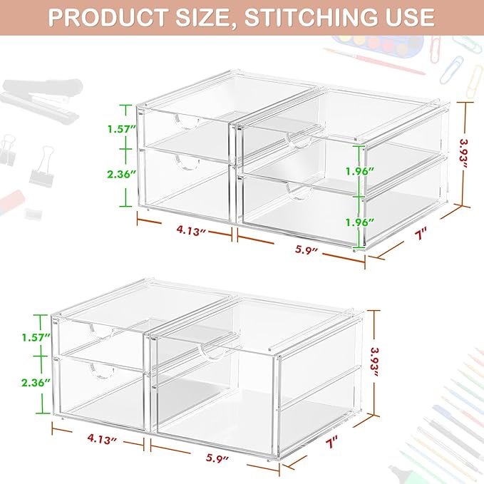 2 Pack Desk Organizers, Makeup Organizer Storage with 7 Drawers, Desktop Office Supplies, Clear Desk Accessories, Dustproof Drawer Organizer and Storage for Make Up, Jewelry, Pen