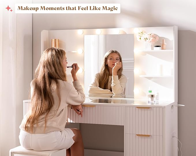 AMERLIFE 47.2" Fluted Vanity Desk with Mirror and Adjustable LED Lights, Large 7 Drawers Makeup Table with Glass Top and Charging Station for Women and Girls, Bedroom or Dorm, White