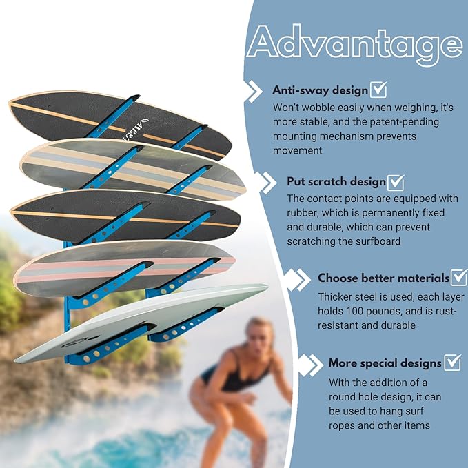 Snowboard Wall Mount, Adjustable 5/6 Board Surfboard Rack, Surfboard Wall Hangers for Surfboard, Wakeboard, and Snowboard Storage at Home or Garage