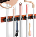 Brown Broom Holder Wall Mount - Heavy Duty Wood Mop and Broom Organizer with 5 Slots & 4 Hooks - Tool Hanger for Laundry Room Closet Kitchen Garage Storage and Organization - for Rusic farmhouse Decor