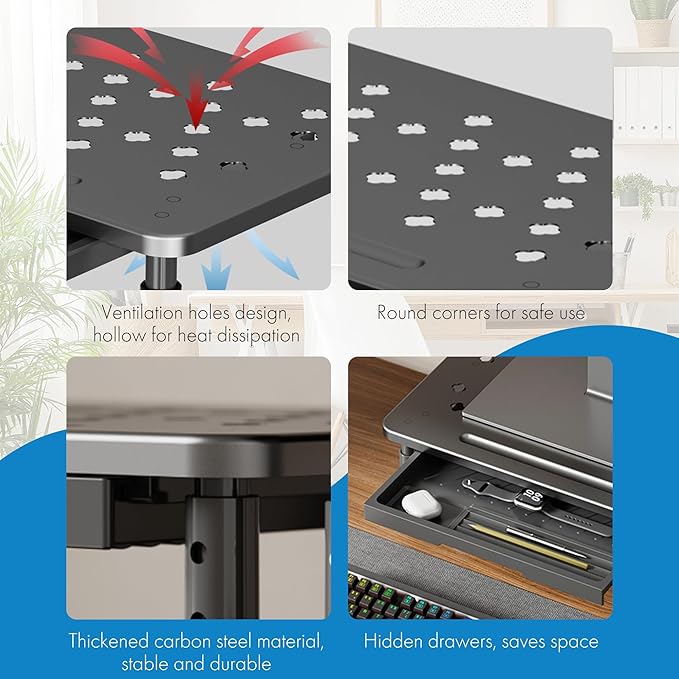 Monitor Stand Riser with Drawer - Adjustable Height (10.5-14.5cm) 3 Gears, Carbon Steel Desk Organizer for Computer/Laptop, Ventilated, Multi-Layer Storage for Office Home (Black)
