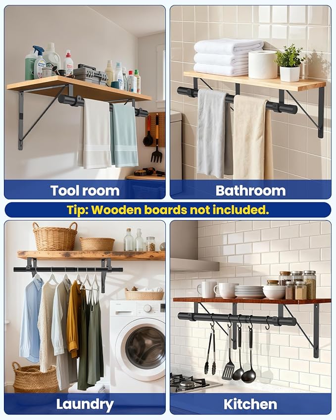 Closet Rods for Hanging Clothes with Triangular Brackets, 17 to 28 Inches Stepless Adjustable Closet Rod, 1.3 Inch Heavy Duty Closet Rod for Closet Wardrobe Laundry RV (Without Board/Black)