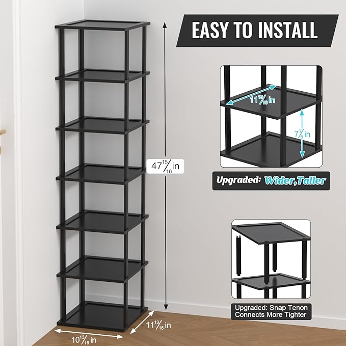 Bamboo Free Standing Shoe Rack Shelf Multi Tier Tall Wooden Stackable Shoes Rack Organizer for Closet Front Door Entrance Narrow Vertical Shoe Storage Rack for Corner Stand (Black, 7 Tiers)