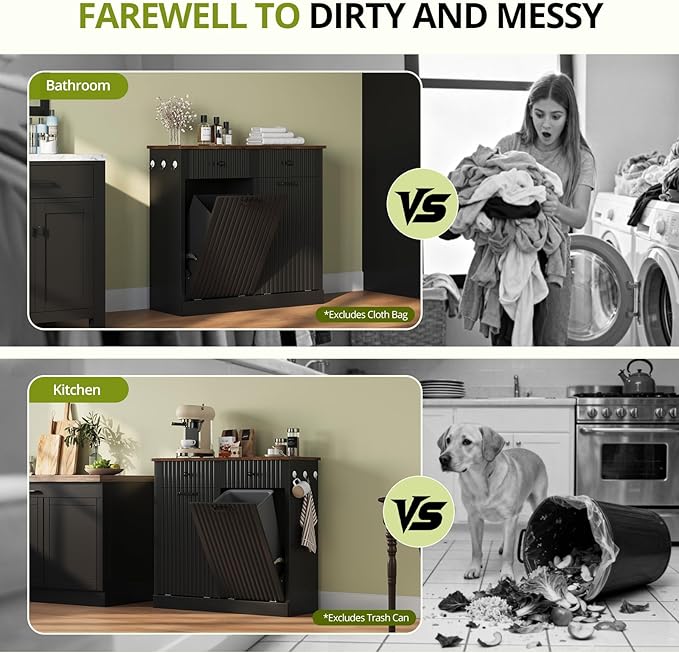Double Tilt Out Trash Can Cabinet, 20 Gallon Fluted Laundry Hamper Cabinet with 2 Drawers, Wooden Hidden Garbage Can Cabinets for Kitchen, Living Room, Without Trash Bin or Laundry Hamper,Black