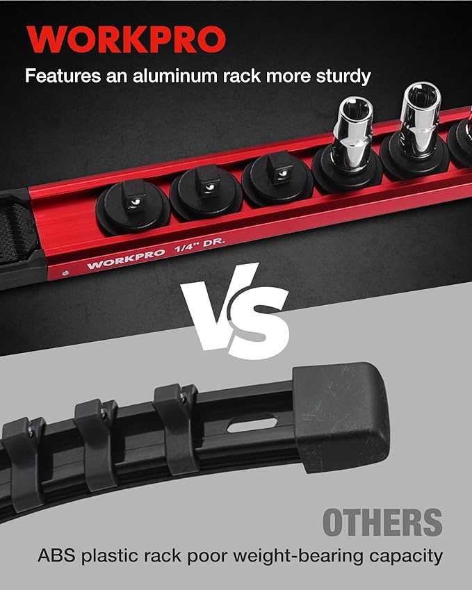 WORKPRO Magnetic Socket Organizer, 1/4" Drive Aluminum Alloy Socket Holder, Heavy Duty Socket Rail with 12 PC Removable Socket Clips, Socket Organizer Tray for Tool Box Drawer (Sockets Not Included)