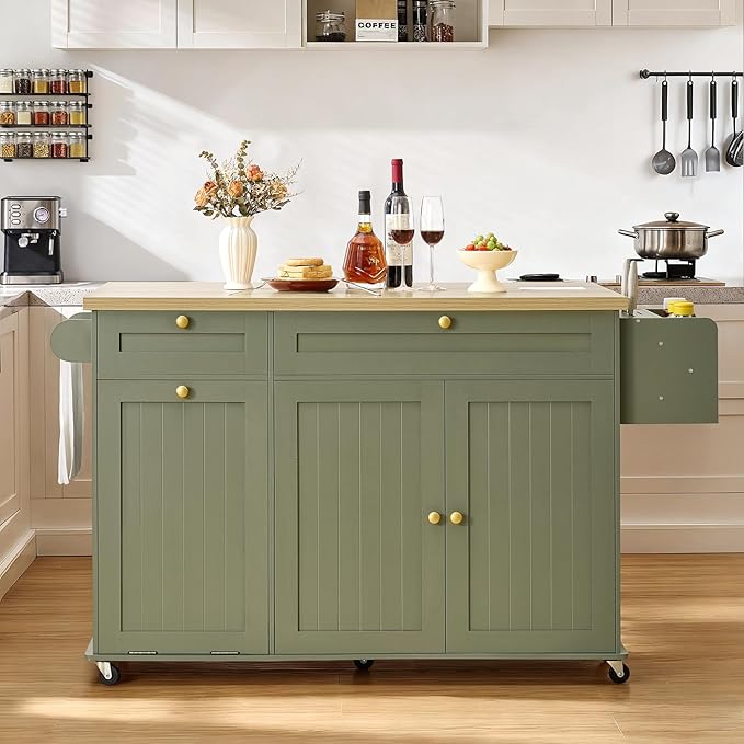 60.2" Kitchen Islands with Storage, Kitchen Island Cart with Trash Can Storage Cabinet, Rolling Kitchen Island Table with Drop Leaf & Power Outlet & Spice Rack & Towel Rack & Knife Holder, Green