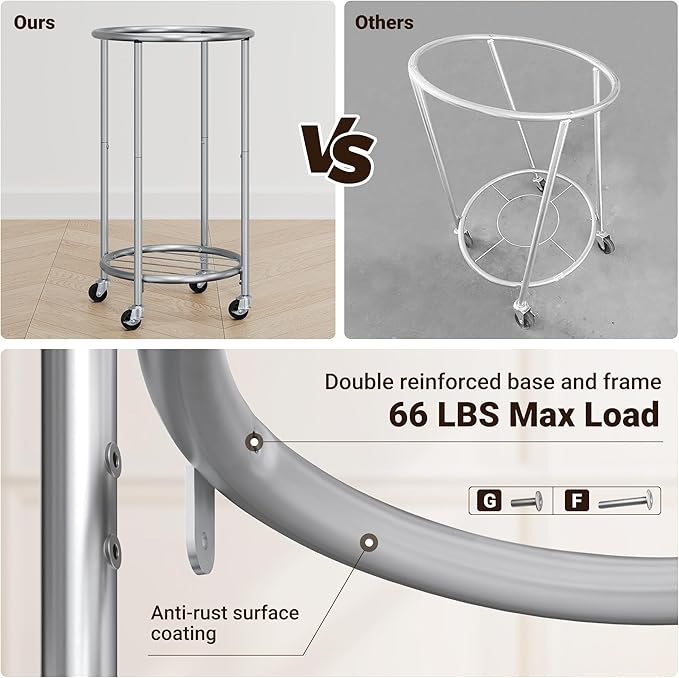 ELYKEN Laundry Hamper with Wheels, 110L Rolling Laundry Basket, Round Laundry Cart with Steel Frame and Removable Bag, 4 Casters and 2 Brakes, Dirty Clothes Hamper for Hotel, Home, Closet, Dorm, Cream