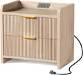 Fluted Nightstand with Charging Station, 23.6" Modern Night Stand with 2 Drawers, Side Table with Storage, Bedside Table for Bedroom, Living Room, Natural Oak