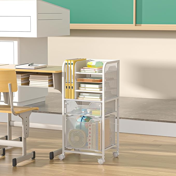 Rolling File Cart with 2 Drawers, White Rolling Cart with Drawers for Hanging File Folders, Letter-Size File Storage with Wheels, File Cabinet Organizer for Office and Home, White
