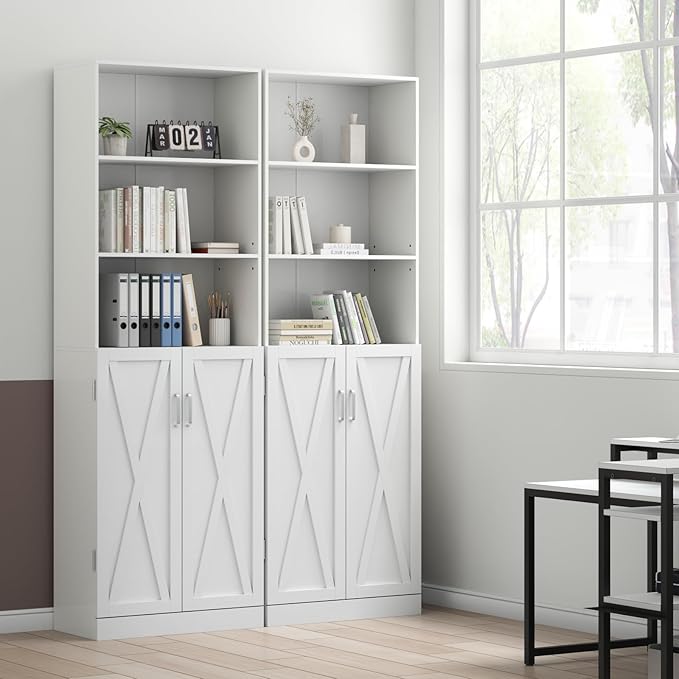 Loomie Industrial Bookshelf with Door, 6 Tier Farmhouse Book Shelf with Adjustable Shelves,70" Tall Display Etagere Bookcase,Floor Standing Unit Book Case Furniture for Home Office,Living Room (White)