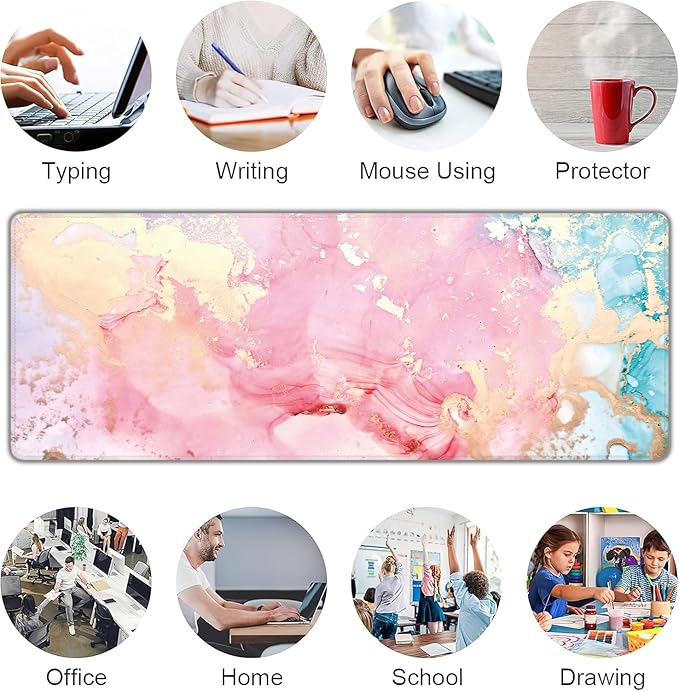 Cute Pink Marble Large Mouse Pad,Gaming Keyboard Desk Pad,Extended Mouse Mat Non-Slip Rubber Base with Stitched Edges for Office Game Home XL 31.5"x11.8"