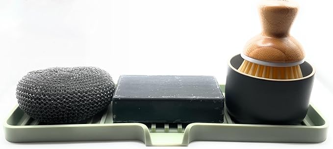 Happitasa Silicone Soap Dish Tray and Sponge Holder with Drain Chute | Bathroom and Kitchen Sink Organizer Caddy (Pistachio, 12"x4", 7.4 Ounces)