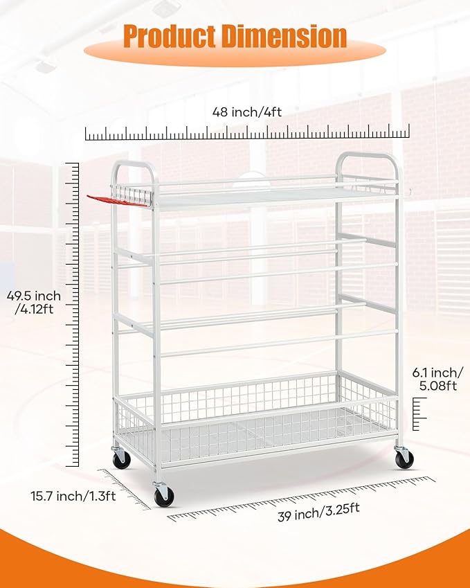 Garage Sports Equipment Organizer - Rolling Ball Storage Bin with Wheels, Garage Sports Gear Rack Outdoor Basketball Racks for Balls with Baseball Bat Holder and Hooks, Toy Organizer(White)