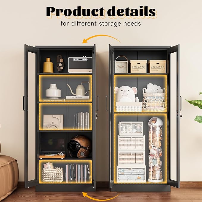 SISESOL Metal Storage Cabinet with Lock and Glass Doors,Glass Display Cabinet,67" Tall Black Storage Cabinets,Locking Curio Cabinets with 5 Shelves for Collectibles,Home,Office,Living Room
