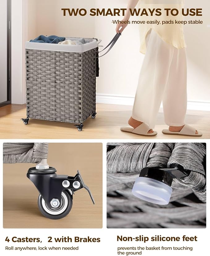 Greenstell Laundry Hamper with Wheels, No Install Needed, 90L Divided Handwoven Hampers & 2 Removable Liner Bags, Rattan Clothes Laundry Basket with Lid & Handles, Foldable Hampers Gray 18x13x26.4 In