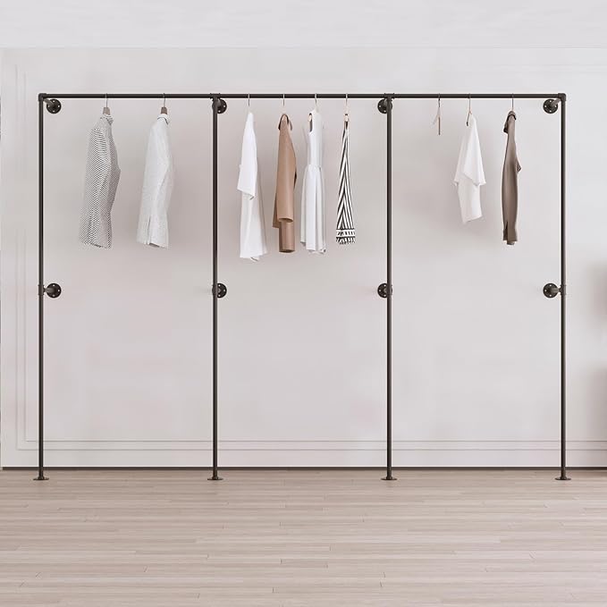 Industrial Pipe Clothing Rack, Heavy Duty Wall Mounted Clothes Rack, Retail Display Hanging Garment Rod for Laundry Rooms, Closet Storage 14.6x110x82.7 Inches, Model K07
