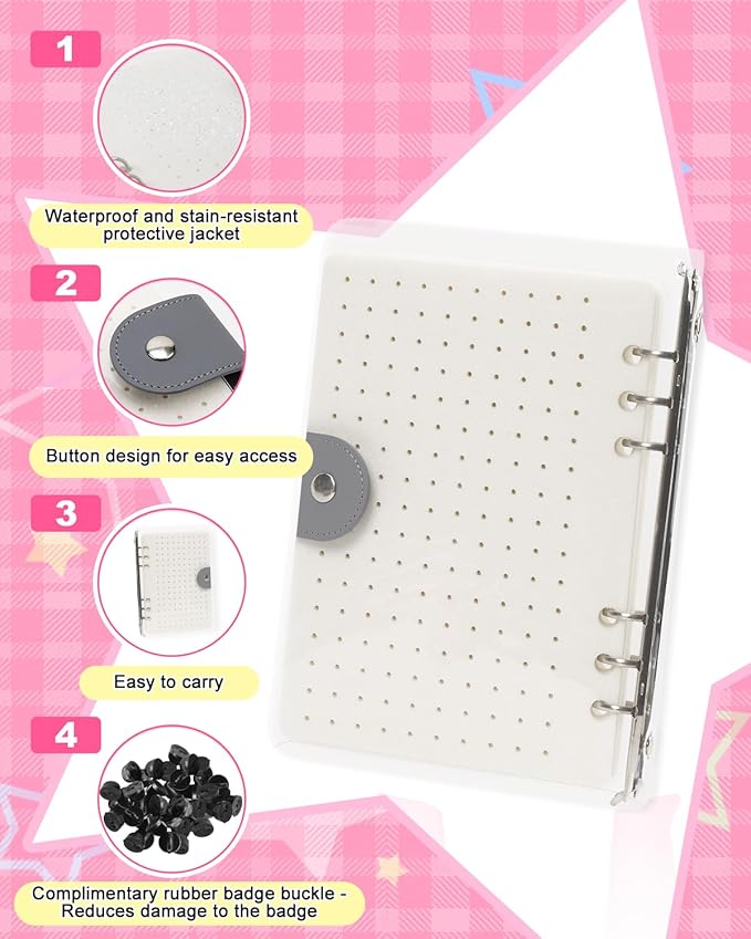 UCEC White Enamel Pin Display Book & 50 PCS Pin Backs, A5 Binder Album for Pins and Brooch, 8-Page Button Pinfolio Trading Organizer with Clear PVC Cover, Portable Enamel Pin Collection Storage Book