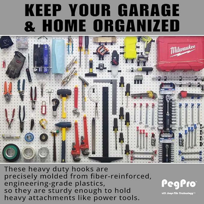 PegPro® 2" Hooks Kit for Standard “Wood Fiber” pegboard – Durable Plastic Pegboard Hooks - for Garage, Kitchen, Craft Room, and More (2" Hook - 24 Pack, White)