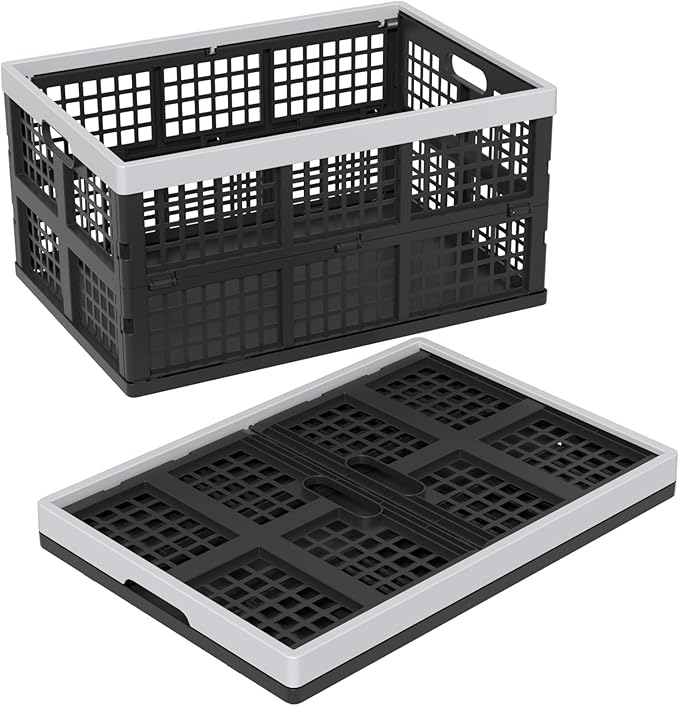 Collapsible Utility Crate Storage Bin, Folding Plastic Stackable Utility Crates, Black, 2PK - 42L