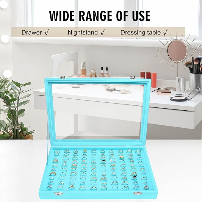 Velvet Ring Display Tray Organizer Box with Transparent Lid, 100 Slot Ring Holder Showcase For Store Display Jewelry Show Home, Ring Organizer For Rings Earrings (Light Blue)