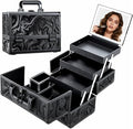Travel Makeup Case with LED Lighted Mirror - 11.6" Portable Makeup Organizer Box, Cosmetic Train Case with Detachable Brush Holder - Fluid Black