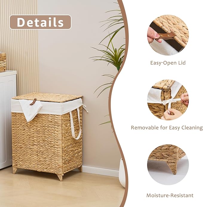 Laundry Hamper with Lid and Removable Liner Bag, Handwoven Natural Hyacinth Clothes Hamper with Heightened Feet, Wicker Laundry Basket for Clothes and Towels，Middle