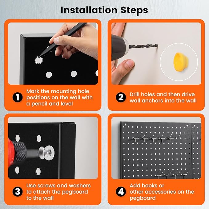Pegboard, 2 PCS 24"×16" Metal Peg Board Panels Black Modular Wall Organizer Kit with 30 Hooks, Dual-Size Hole Design for Home Tool Storage, Garage Organization, Kitchen, Office, Craft Room