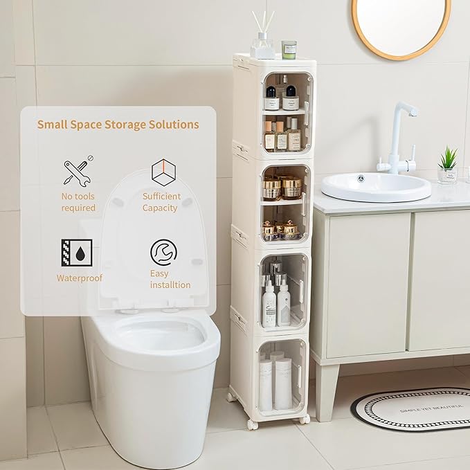4-Tier Slim Tall Narrow Bathroom Storage Cabinet, Cream White