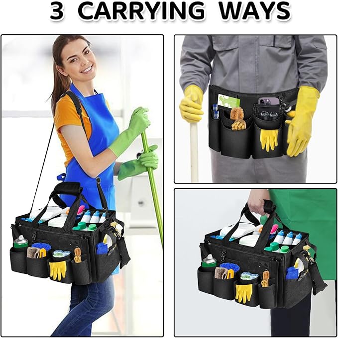Boczif Cleaning Caddy Bag Wearable, Cleaning Caddy Supplies Organizer with Handle, Shoulder Straps & Detachable Divide, Cleaning Tool Organizers Tote Bag for Cleaners & Housekeepers（Black）